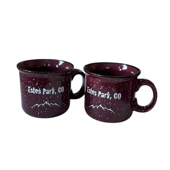 2 Estes Park Large Ceramic Coffee Mug Speckled Maroon White Mountain Cabin Camp - Picture 1 of 3